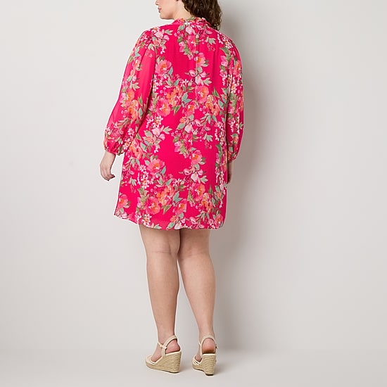 Jessica Howard Womens Plus Split Tie Neck Long Sleeve Floral Shift Dress