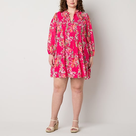 Jessica Howard Womens Plus Split Tie Neck Long Sleeve Floral Shift Dress