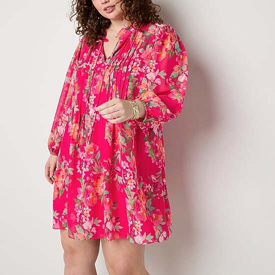 Jessica Howard Womens Plus Split Tie Neck Long Sleeve Floral Shift Dress