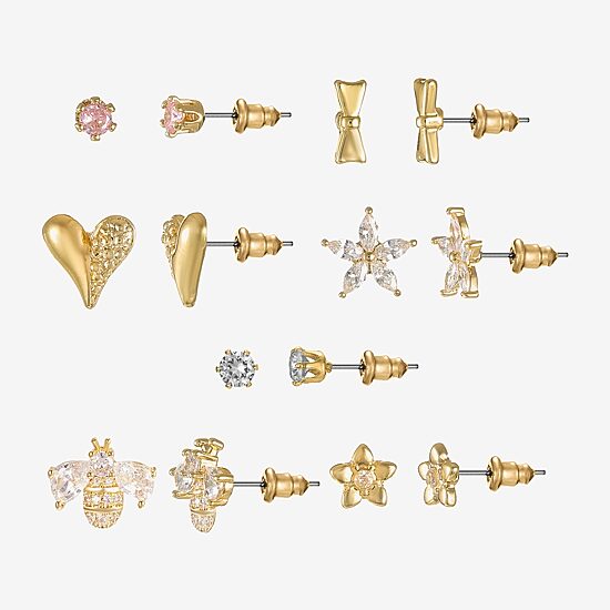 Sparkle Allure Days Of The Week Bee Womens Cubic Zirconia 14K Gold Over Brass Bow Flower 7 Pair Earring Set