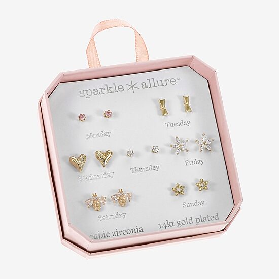 Sparkle Allure Days Of The Week Bee Womens Cubic Zirconia 14K Gold Over Brass Bow Flower 7 Pair Earring Set