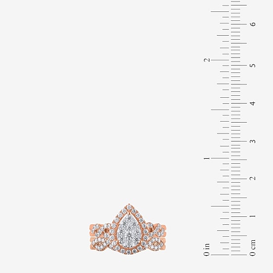 Signature By Modern Bride 1 CT.T.W. Natural Diamond Pear Shape Side Stone Halo Bridal Set in 10K or 14K Gold