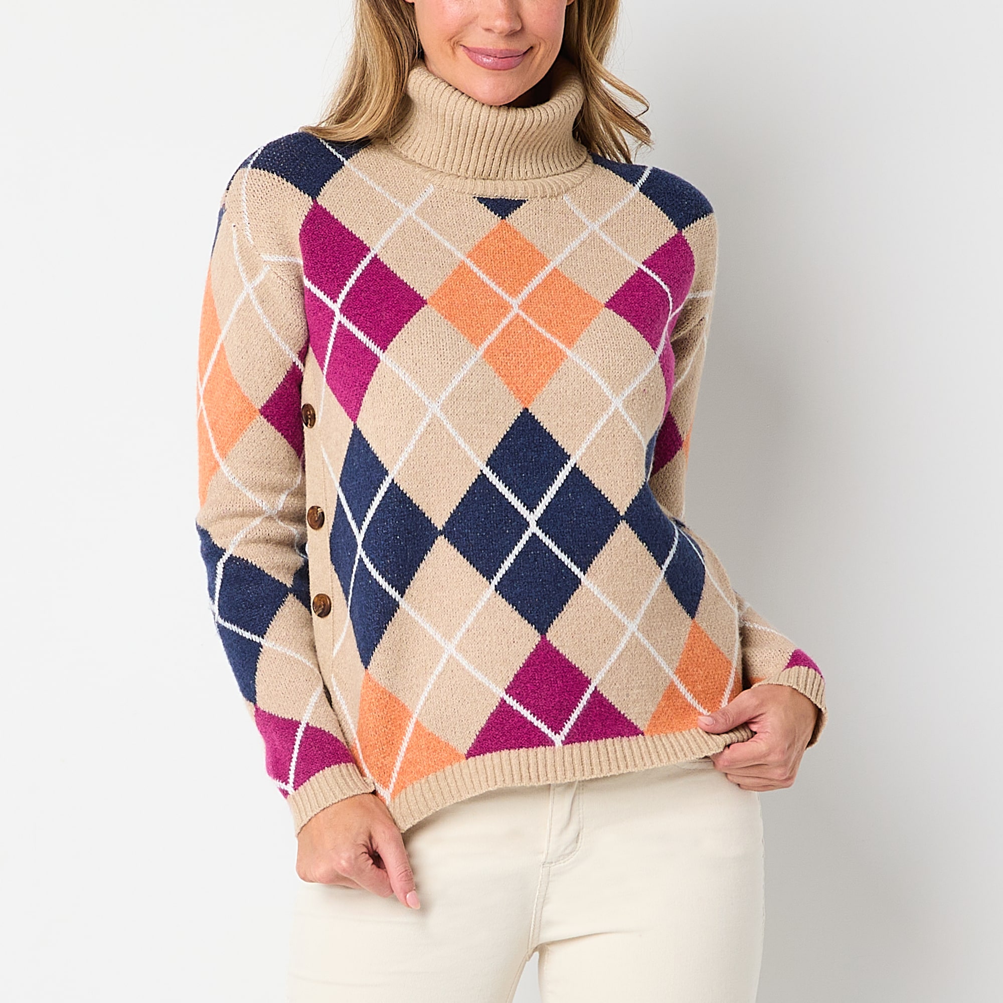 St. John's Bay Womens Turtleneck Long Sleeve Floral Pullover Sweater