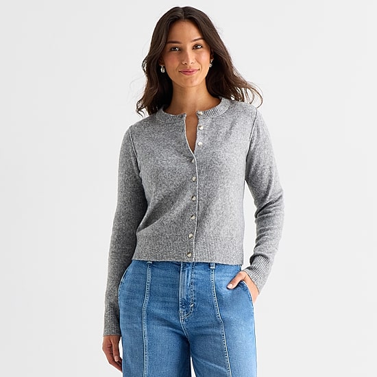 A.N.A Womens Crew Neck Long Sleeve Button Animal Cardigan