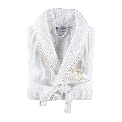 Linum Home Textiles 100% Turkish Cotton Unisex Personalized Waffle Weave Terry Bathrobe with Satin Piped Trim - White Y