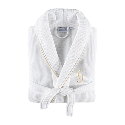 Linum Home Textiles 100% Turkish Cotton Unisex Personalized Waffle Weave Terry Bathrobe with Satin Piped Trim - White G