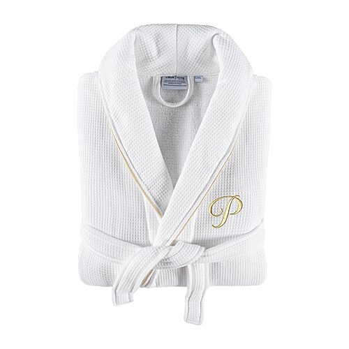 Linum Home Textiles 100% Turkish Cotton Unisex Personalized Waffle Weave Terry Bathrobe with Satin Piped Trim - White P