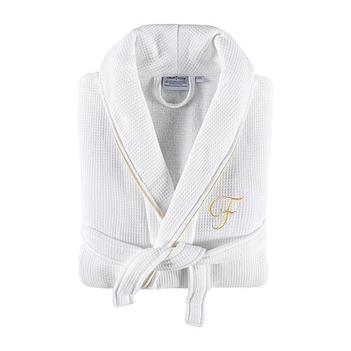 Linum Home Textiles 100% Turkish Cotton Unisex Personalized Waffle Weave Terry Bathrobe with Satin Piped Trim - White F