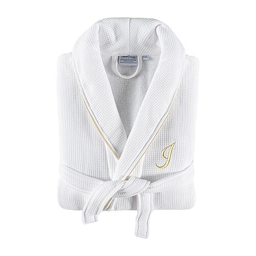 Linum Home Textiles 100% Turkish Cotton Unisex Personalized Waffle Weave Terry Bathrobe with Satin Piped Trim - White I