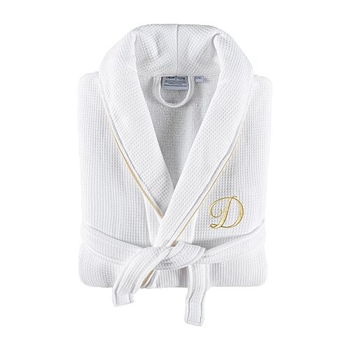 Linum Home Textiles 100% Turkish Cotton Unisex Personalized Waffle Weave Terry Bathrobe with Satin Piped Trim - White D