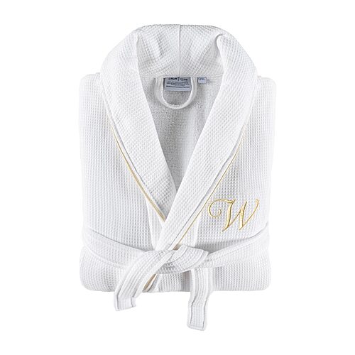 Linum Home Textiles 100% Turkish Cotton Unisex Personalized Waffle Weave Terry Bathrobe with Satin Piped Trim - White W