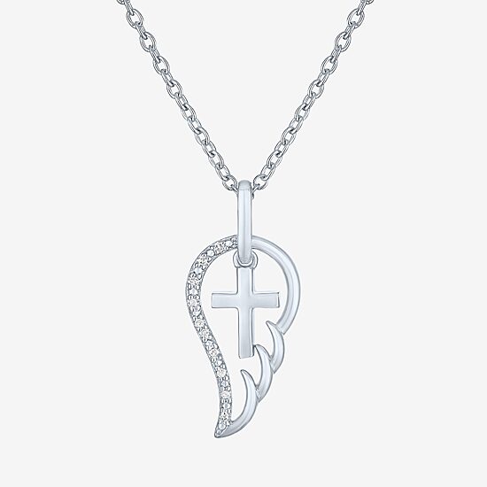 Womens Diamond Accent Natural White Diamond Sterling Silver Angel Cross Wing 18 Inch Pendant Necklace