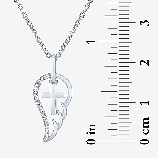 Womens Diamond Accent Natural White Diamond Sterling Silver Angel Cross Wing 18 Inch Pendant Necklace