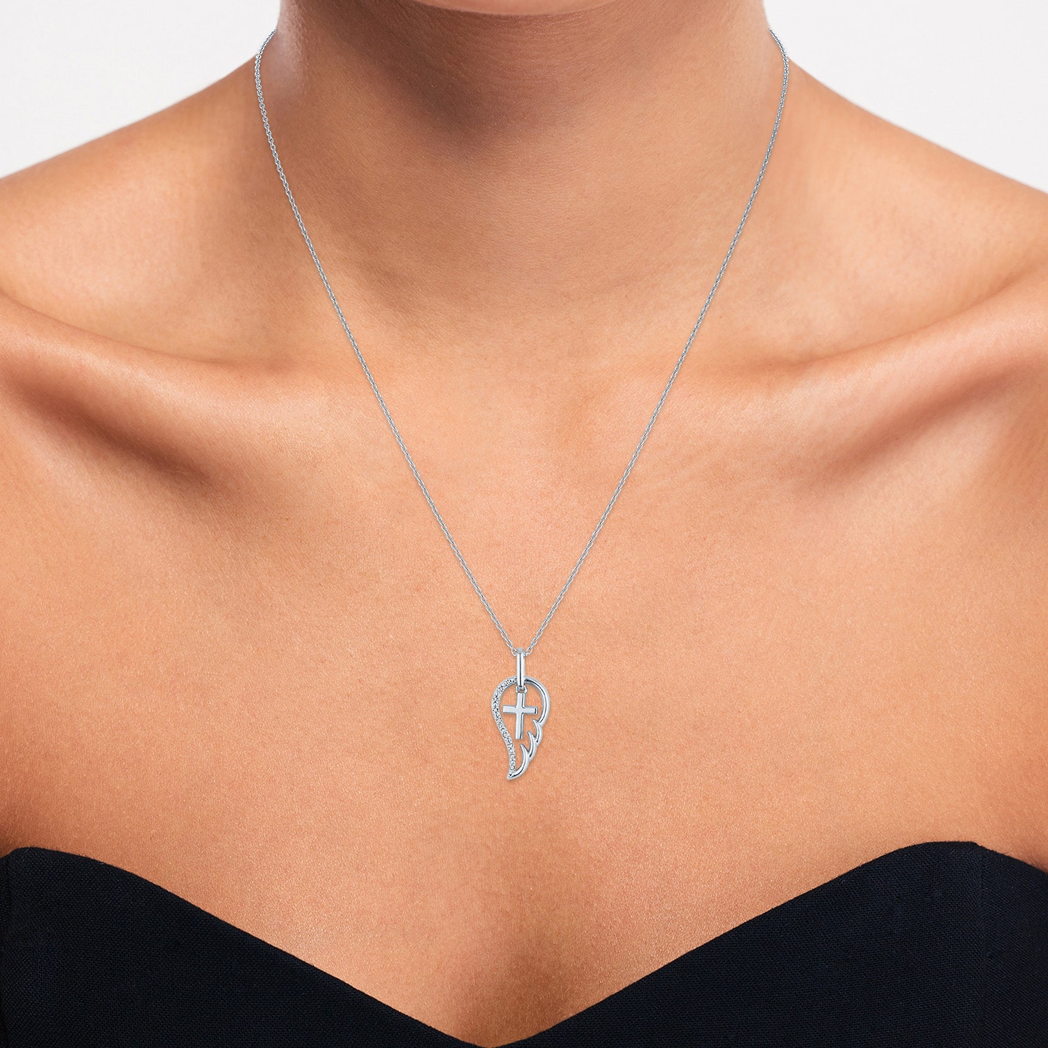 Womens Diamond Accent Natural White Diamond Sterling Silver Angel Cross Wing 18 Inch Pendant Necklace