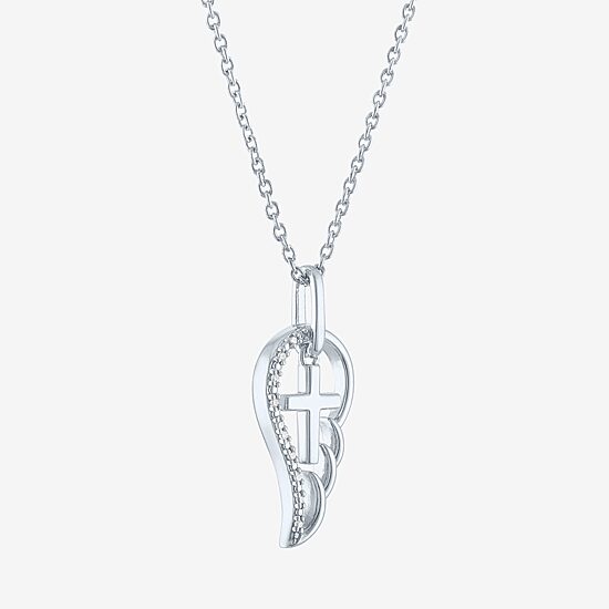 Womens Diamond Accent Natural White Diamond Sterling Silver Angel Cross Wing 18 Inch Pendant Necklace