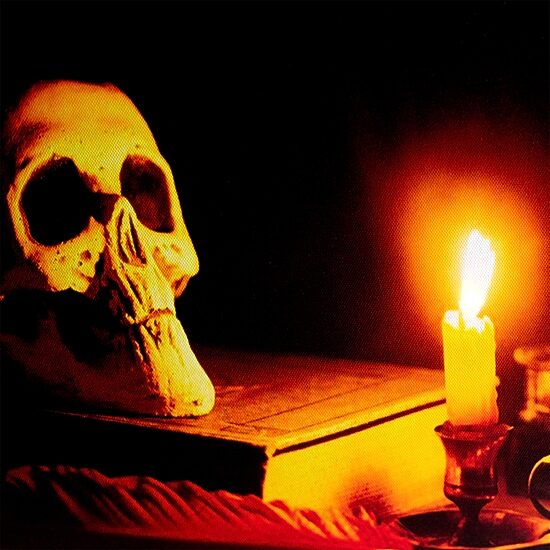 LED Lighted Skull by Flickering Candlelight Halloween Canvas Wall Art 12in x 15.75in