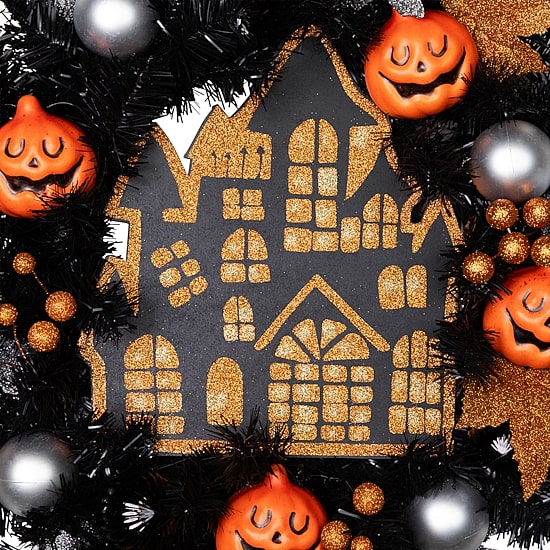 Northlight 24in Orange And Black Haunted House Wreath