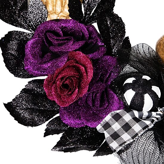 Northlight 22in Skull With Hands And Purple Roses Wreath