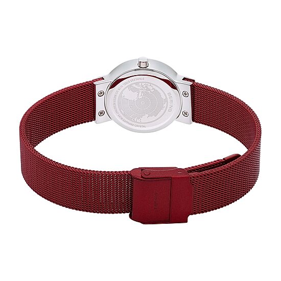 Bering Womens Crystal Accent Red Stainless Steel Bracelet Watch 10126-303