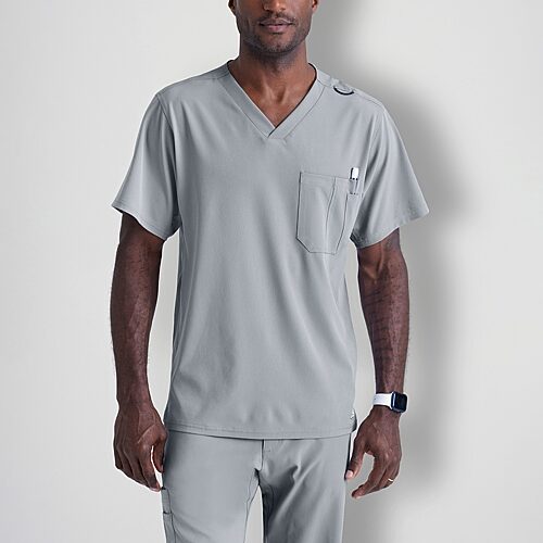 Skechers Sk0112 Structure 1-Pocket Mens Big V Neck Short Sleeve Tag Free Stretch Fabric Moisture Wicking Scrub Top, Xx-large, Gray