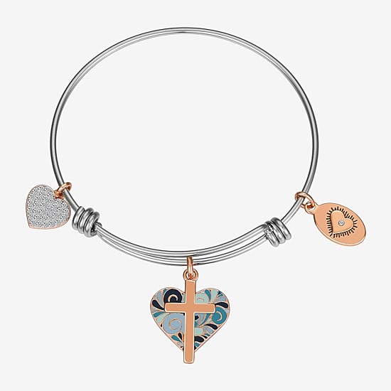 Footnotes Faith Womens Cubic Zirconia Stainless Steel Cross Heart Bangle Bracelet