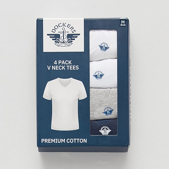 Dockers Premium Cotton Mens 4 Pack Short Sleeve V Neck T-Shirt