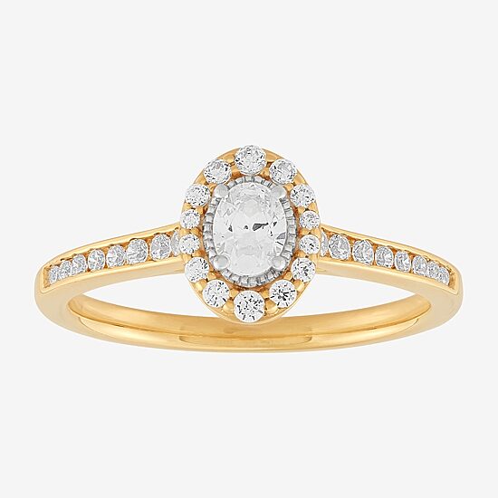 (H-I / Si1-Si2) Womens 1/2 CT. T.W. Lab Grown White Diamond 10K Gold Oval Side Stone Halo Engagement Ring