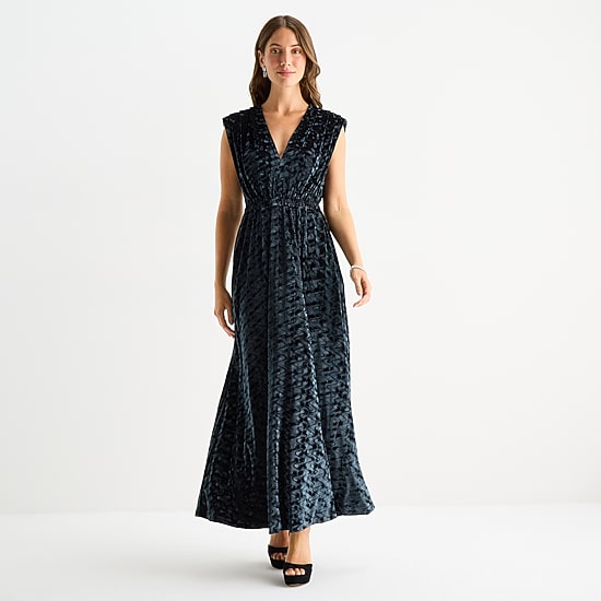 Sam And Jess Womens V Neck Sleeveless Scroll Evening Gown
