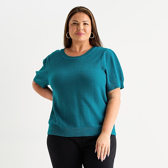 Liz Claiborne Plus Womens Crew Neck Short Sleeve Pullover Sweater