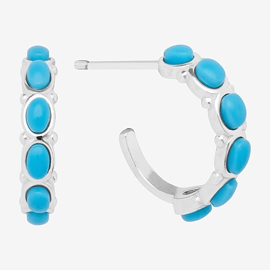 Silver Treasures Huggie Womens Blue Turquoise Sterling Silver 15.8mm Hypoallergenic Hoop Earrings
