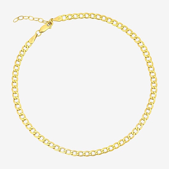 Womens 10K Gold 9 Inch Hollow Curb Ankle Bracelet