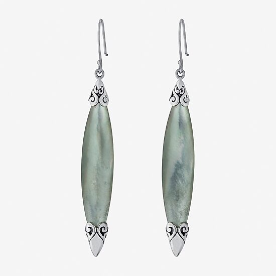 Bali Inspired Genuine Green Abalone and Mother of Pearl Sterling Silver Marquise Drop Earrings