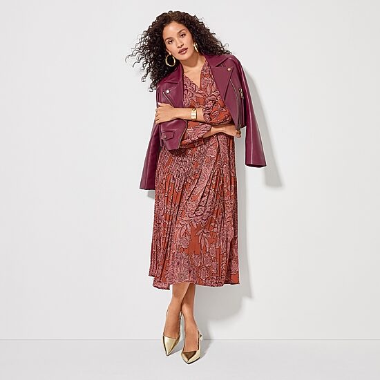 Ryegrass dress, Worthington Pointed-Toe Stilettos, Bold Elements Gold-Tone Hoop Earrings, Orange Glossy Lipstick