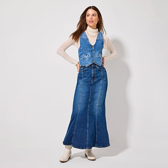 A.n.a Denim Vest, Mock Neck Shirt, High-Rise Fit-And-Flare Denim Maxi Skirt, Arizona Jean Co. Cowboy Boots, Bold Elements Gold-Tone Necklace, Liz Claiborne Gold-Tone Textured Bangle Set