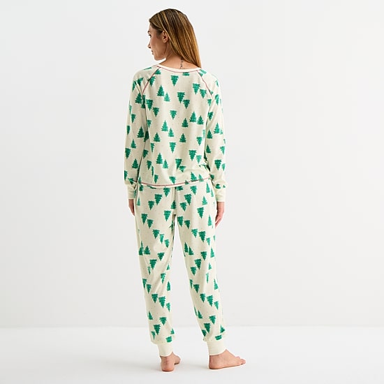 Sleep Chic Womens Fleece Crew Neck Long Sleeve 2-pc. Pajama Set
