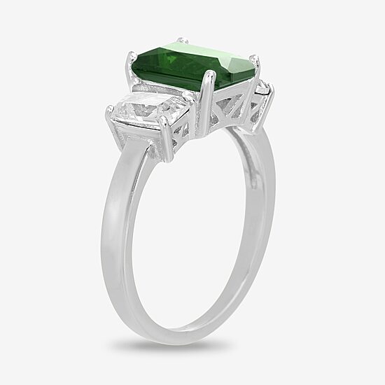 Silver Treasures Lab Created Emerald & Cubic Zirconia Sterling Silver Side Stone Cocktail Ring