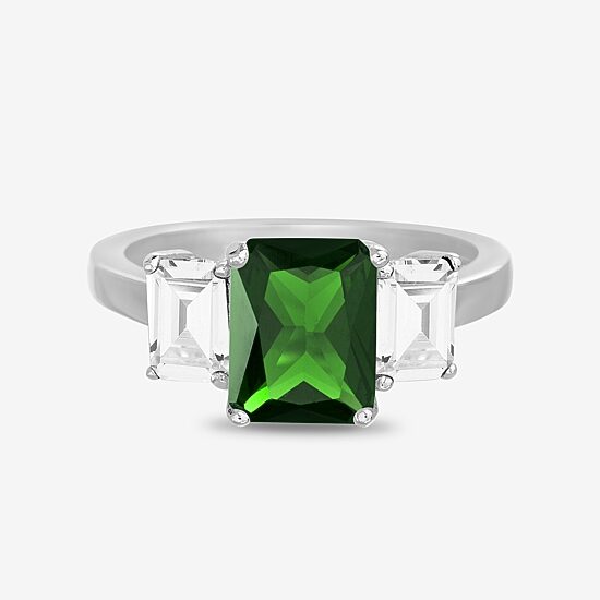 Silver Treasures Lab Created Emerald & Cubic Zirconia Sterling Silver Side Stone Cocktail Ring