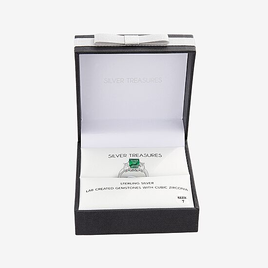 Silver Treasures Lab Created Emerald & Cubic Zirconia Sterling Silver Side Stone Cocktail Ring
