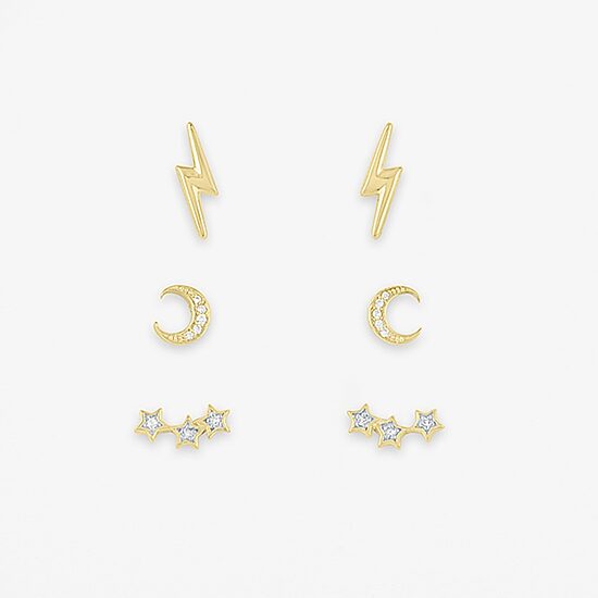 Diamond Addiction Diamond-Accent Natural Diamond 14K Gold Over SIlver or Sterling SIlver LIghtning Bolt Moon Star 3 Pair Earring Set