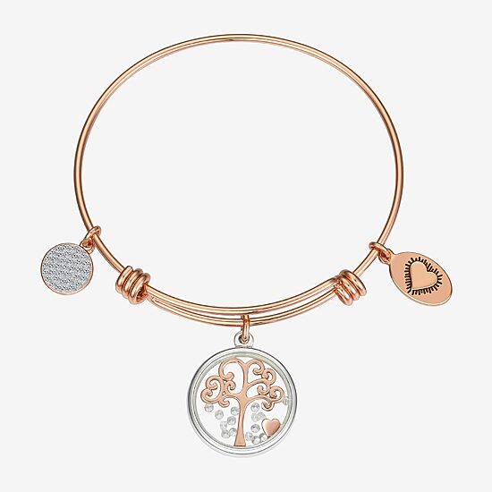 Footnotes Tree Womens Cubic Zirconia Stainless Steel Round Bangle Bracelet
