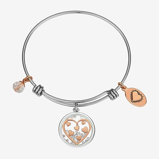 Footnotes Womens Cubic Zirconia Stainless Steel Heart Bangle Bracelet