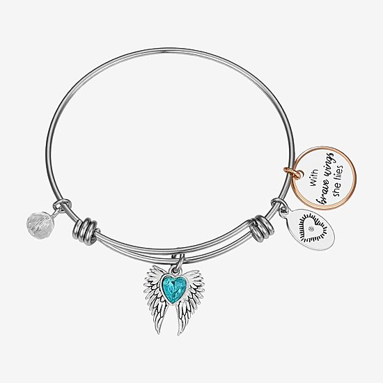 Footnotes Womens Blue Crystal Stainless Steel Heart Wing Bangle Bracelet