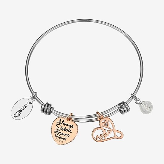 Footnotes Sisters Womens Crystal Stainless Steel Heart Bangle Bracelet