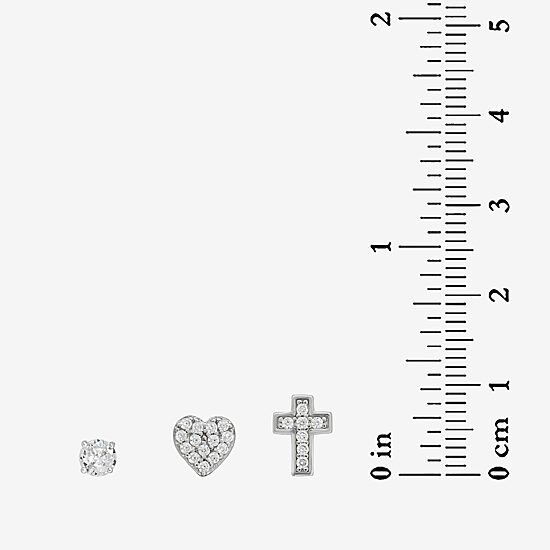 Womens Cubic Zirconia Sterling Silver Heart 3 Pair Earring Set