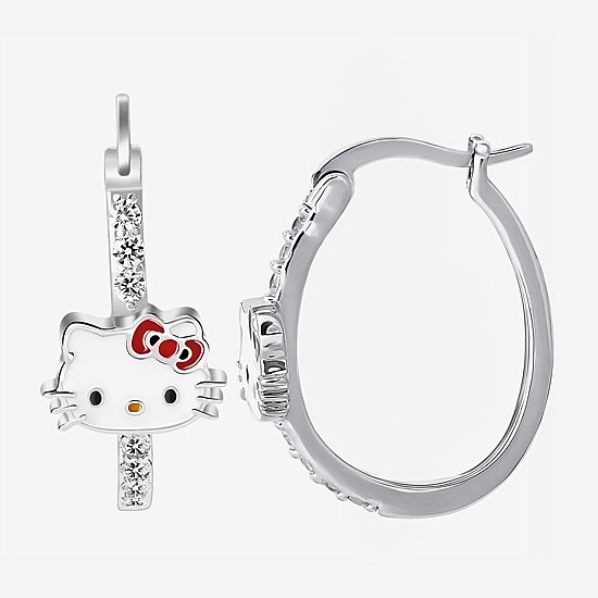 Womens Cubic Zirconia 23.7mm Hello Kitty Hoop Earrings