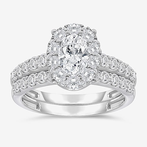 (I / I1) Womens 2 CT. T.W. Lab Grown White Diamond 10K Gold Oval Side Stone Halo Bridal Set, 7, White