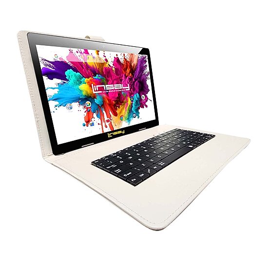 LINSAY® 10.1 Octa Core 128Gb Android 15 Tablet White Keyboard