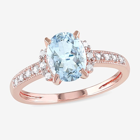 Womens Diamond Accent Genuine Blue Aquamarine 18K Gold Over Silver Oval Engagement Ring