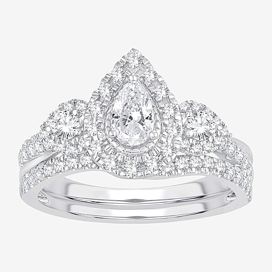 Womens 1 CT. T.W. Natural White Diamond 10K Gold Pear Side Stone Halo Bridal Set