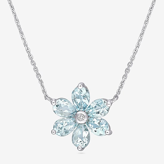 Womens Diamond Accent Genuine Blue Aquamarine 14K Gold Flower 17 Inch Pendant Necklace